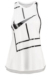 Canottiera sportiva bianca senza maniche con motivi geometrici neri e logo Nike. Realizzata in un tessuto leggero e liscio.