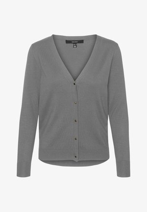 Šedý cardigan s výstřihem do V, dlouhými rukávy, pěti předními knoflíky, žebrovanými manžetami a hladkou texturou. Jednoduchý design a univerzální styl.