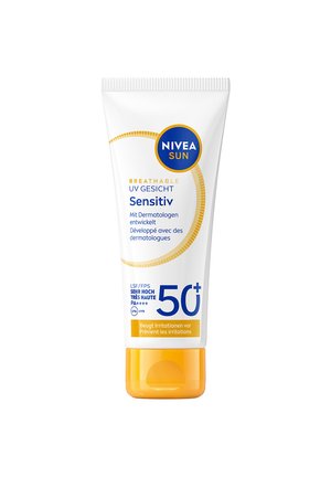 NIVEA Sun Sensitiv Gesichts-Sonnenschutz-Tube mit LSF 50+, atmungsaktive Formel, von Dermatologen entwickelt, verhindert Hautirritationen, weiße und gelbe Verpackung.