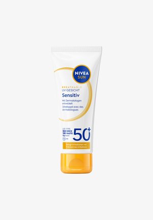 NIVEA Sun Sensitiv Gesichts-Sonnenschutz-Tube mit LSF 50+, atmungsaktive Formel, von Dermatologen entwickelt, verhindert Hautirritationen, weiße und gelbe Verpackung.