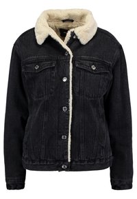 Svart denimjacka med en krage av konstgjord päls, framknäppning med knappar och två bröstfickor. Jackan har en klassisk passform och en strukturerad tyg.