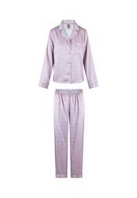 Lila Satin-Pyjama-Set mit einem kragenlosen Langarmoberteil mit Knöpfen und einer Tasche, kombiniert mit einer Hose mit elastischem Bund. Subtile Logomuster.