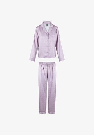 Set di pigiama in satin lilla composto da una camicia con colletto a maniche lunghe, con bottoni e tasca, abbinata a pantaloni con vita elastica. Motivo logo discreto.
