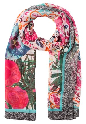 Écharpe légère avec des motifs floraux vifs en rose, orange, turquoise et vert, avec des bordures géométriques décoratives noires et blanches.