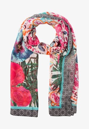 Écharpe légère avec des motifs floraux vifs en rose, orange, turquoise et vert, avec des bordures géométriques décoratives noires et blanches.
