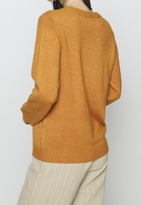 Maglione arancione a maglia con scollatura rotonda e orlo a coste. Il tessuto ha una consistenza sottile, abbinato a pantaloni a righe chiare.