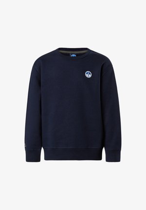 Felpa blu navy realizzata in misto cotone, con scollatura tonda, polsini a costine e una toppa rotonda con logo sul petto.
