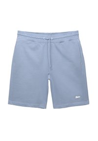 Shorts de sport bleu clair en tissu mélangé de coton doux. Dotés d'une taille élastique avec cordon de serrage et de poches latérales.