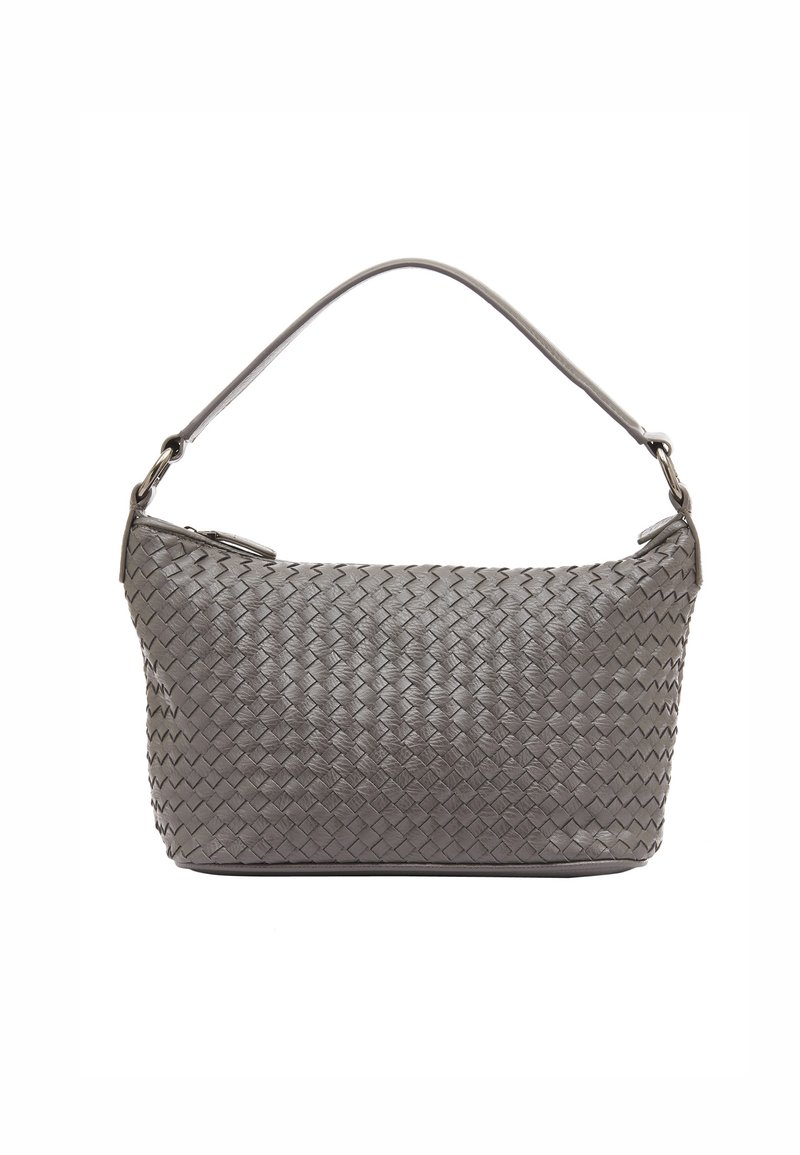 Borsa a spalla in pelle intrecciata grigia con manico curvo, caratterizzata da un motivo intricato e da una chiusura con zip. Texture liscia con una forma ben strutturata.