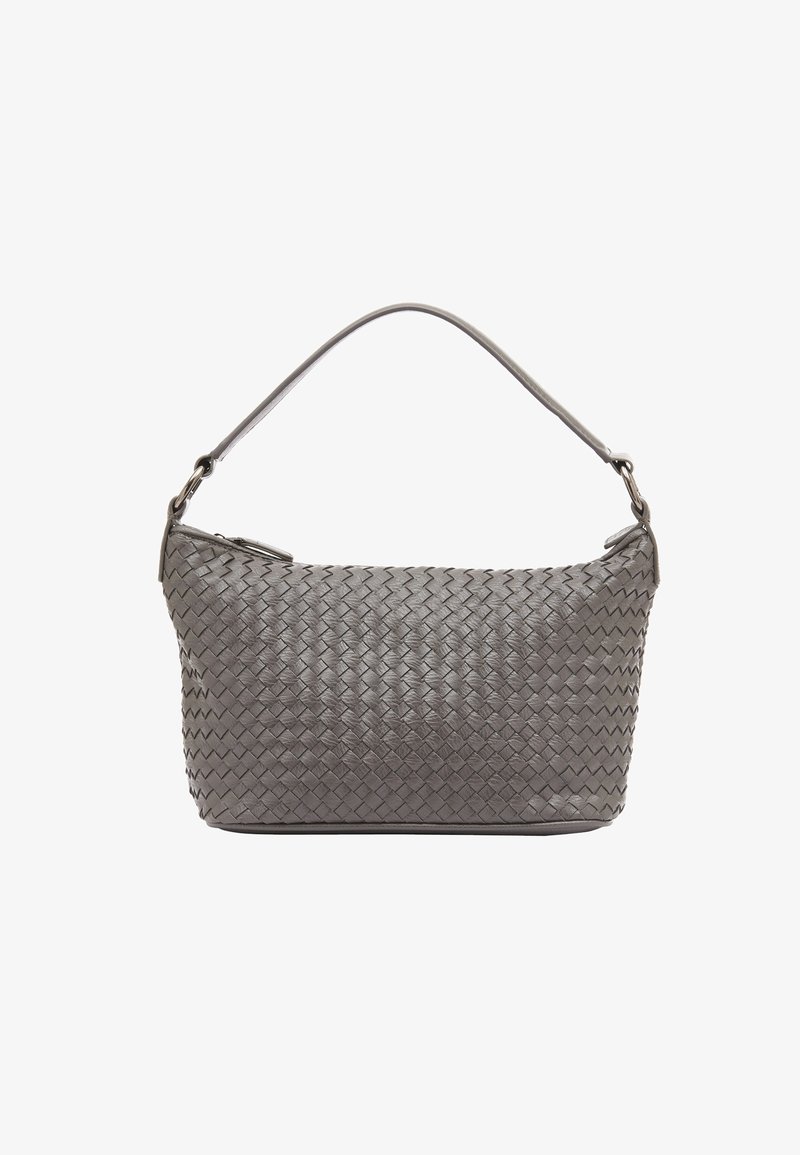Gray woven leather shoulder bag with a curved handle, featuring an intricate pattern and a zip closure. Smooth texture with a structured shape.