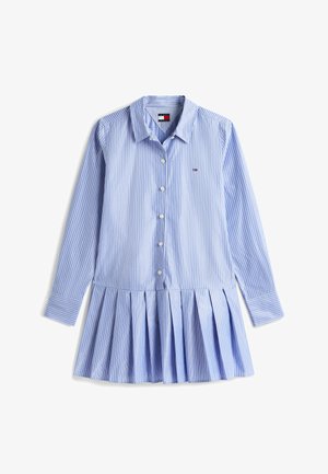 Long-sleeve blue and white vertical striped shirt dress with collar, button front, pleated hem, and small color logo on left chest.