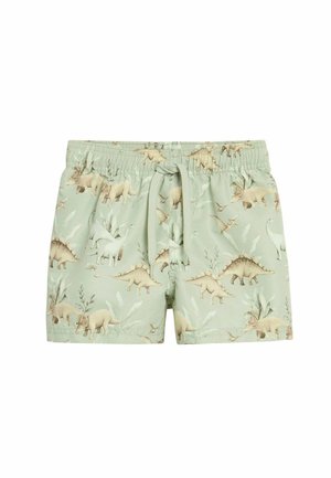 Kinder zwemshorts in lichtgroen met een elastische tailleband en een strik, versierd met beige en bruine dinosaurustekeningen.