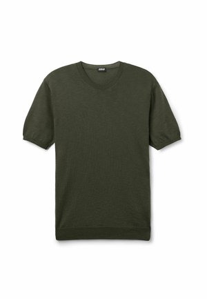 Dunkelgrüner Kurzarm-Strickpullover mit rundem Ausschnitt und gerippten Bündchen und Saum, auf weißem Hintergrund dargestellt.