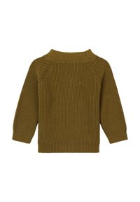 Oliwkowy sweter dzianinowy z prążkowaną teksturą, okrągłym dekoltem i rękawami raglanowymi, z dopasowanymi mankietami i luźnym krojem.