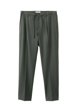 Khaki green, polyester blend, loose-fit trousers with an elastic waistband and drawstring, featuring side pockets and a straight leg design.