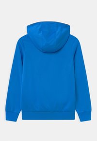 Hooded sweatshirt in bright blue, featuring a smooth texture, long sleeves, and a ribbed hem. No visible branding or decorative elements.