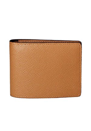 Tan textured leather bifold wallet closed, showing smooth stitched edges on plain white background.