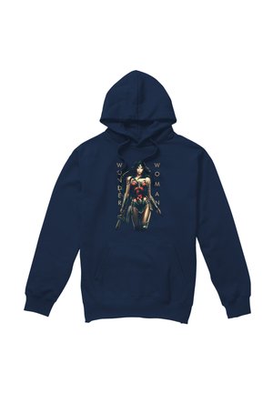 Marineblaue Kapuzenjacke mit Wonder Woman-Grafik, die sie in Rüstung zeigt, wie sie ein Schwert hält, mit vertikal an den Seiten stehendem Schriftzug „Wonder Woman“.