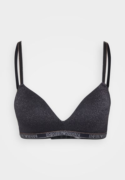 Black bra with a glittery texture, triangular cups, thin straps, and an elastic band featuring a contrasting logo. Minimalist design.