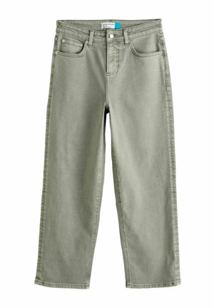 Lysegrønne jeans med lige ben, forlommer, bæltestropper og knaplukning, vist på en hvid baggrund.