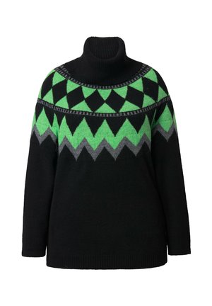 Black sweater with a high collar featuring a geometric pattern of green, black, and gray triangles on the chest and shoulders. Soft knit fabric.