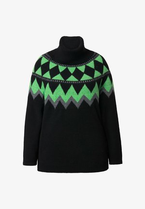 Schwarzer Pullover mit hohem Kragen, der ein geometrisches Muster aus grünen, schwarzen und grauen Dreiecken auf der Brust und den Schultern aufweist. Weicher Strickstoff.