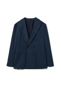Blazer doppiopetto blu navy con revers a punta, sei bottoni, due ampie tasche frontali e una tasca sul petto, disposto in orizzontale su uno sfondo bianco.