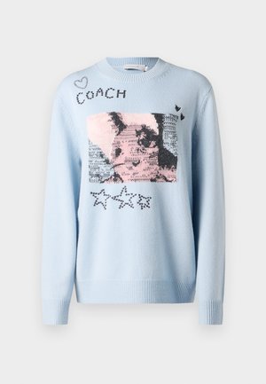 Šviesiai mėlynas megztinis su raukšlėta apačia, centrinėje dalyje pavaizduotas grafikas su triušiu rožinėmis ir juodomis atspalviais, taip pat užrašas "COACH" su žvaigždžių akcentais.