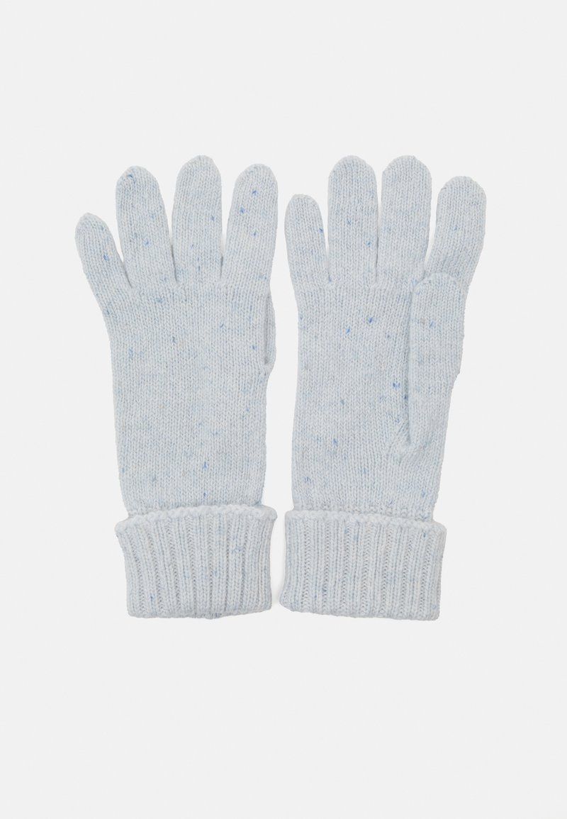 Luvas de malha azul claro com punho canelado. O material apresenta uma textura manchada em todo o seu comprimento. Design de cinco dedos para cobertura total da mão.