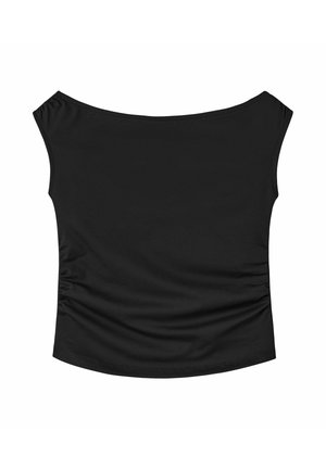 Czarny damski top z odkrytymi ramionami, marszczonymi bokami i dopasowaną sylwetką na białym tle.
