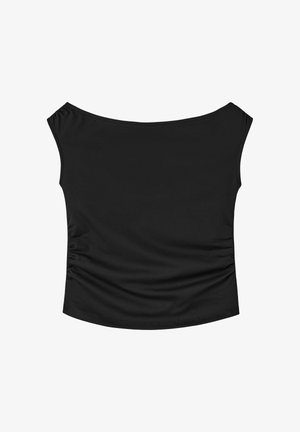 Zwarte off-shoulder dames top met gerimpelde zijkanten en een aansluitende silhouet tegen een witte achtergrond.