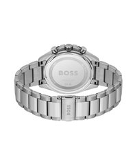 Reloj cronógrafo de acero inoxidable plateado con pulsera pulida y caja redonda. Presenta un logotipo en el cierre y en la parte posterior. Resistente al agua.