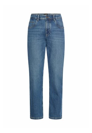 Blå højtaljede jeans med lige ben, forlommer, bæltestropper, lukning med knap og lynlås på hvid baggrund.