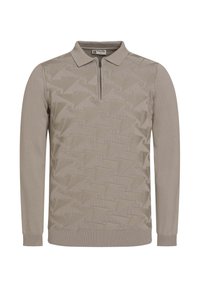 Beež pikka varrukaga kudumipullover, millel on geomeetriline muster, soonikkoes mansetid ja hem, polo kaelus ning lühike esine lukk.