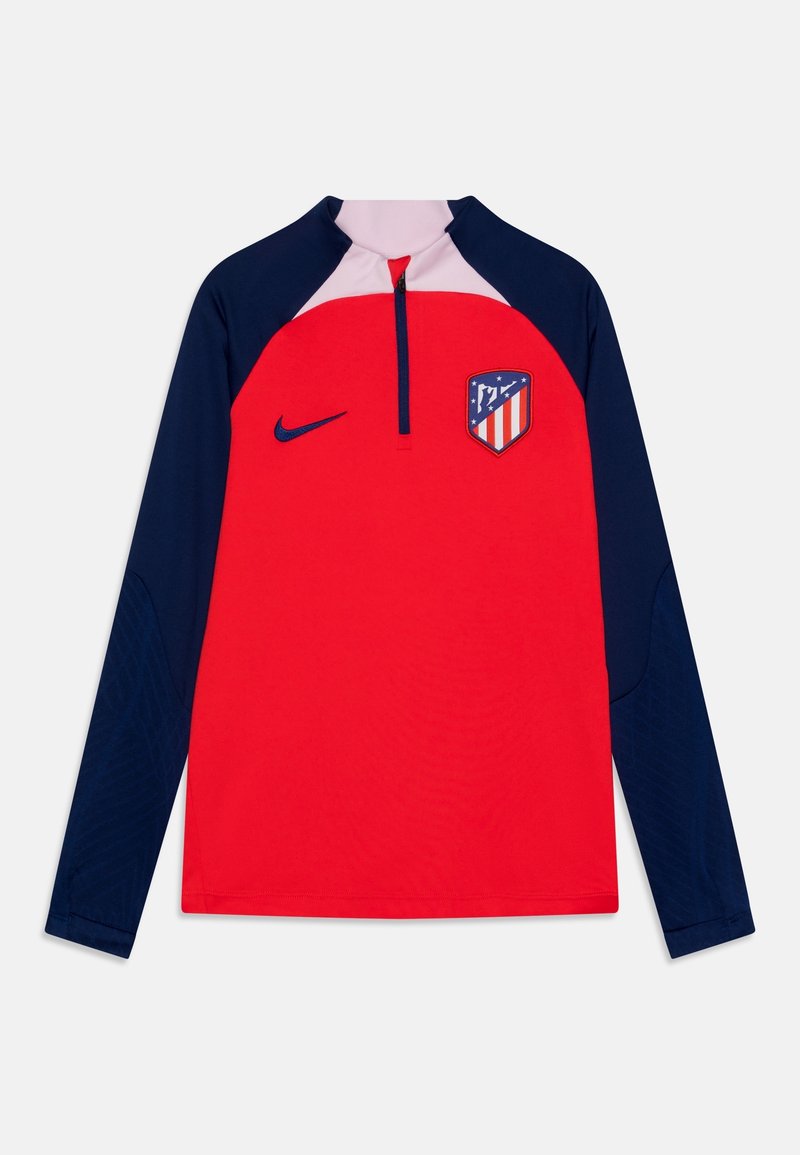 Rotes und marineblaues Sportoberteil mit langen Ärmeln und halbem Reißverschluss, mit einem Nike-Logo auf der rechten Seite und einem rot-weiß-blauen Atletico Madrid-Wappen auf der linken Seite.