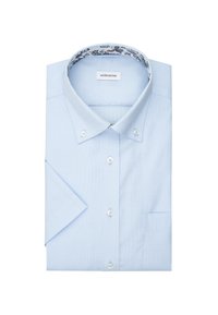 Camicia azzurro chiaro con colletto a motivo, maniche corte e una tasca sul petto. Tessuto testurizzato con cuciture visibili.