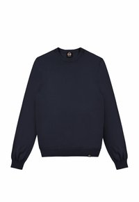 Marineblauer Pullover aus weichem Strickstoff. Mit Rundhalsausschnitt und langen Ärmeln mit gerippten Bündchen und Saum.