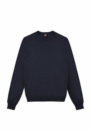 Navy blue pullover sweater made of soft knit fabric. Features a round neckline and long sleeves with ribbed cuffs and hem.
