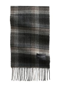 Wollen sjaal met een geruit patroon in grijs, bruin en wit. Voorzien van franjes aan de uiteinden en een zwart etiket met de tekst "Marc O'Polo".