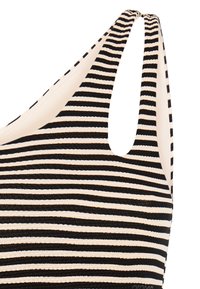 Juodos ir baltos horizontaliai dryžuotos berankovės palaidinės su apvaliu iškirpimu ir glaudžiai prigludusiu tekstūruotu audiniu.