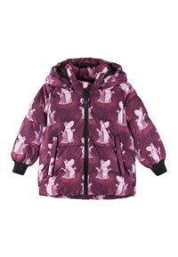 Lila Daunenjacke mit Kapuze, ausgestattet mit einem Muster von pinken Cartoonfiguren. Schwarzer Reißverschluss und Bündchen, gestepptes Design zur Isolierung.