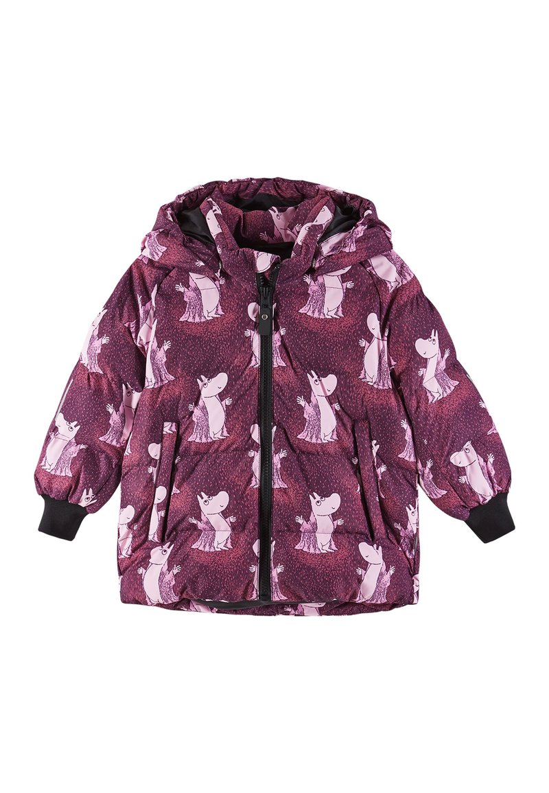 Lila Daunenjacke mit Kapuze, ausgestattet mit einem Muster von pinken Cartoonfiguren. Schwarzer Reißverschluss und Bündchen, gestepptes Design zur Isolierung.
