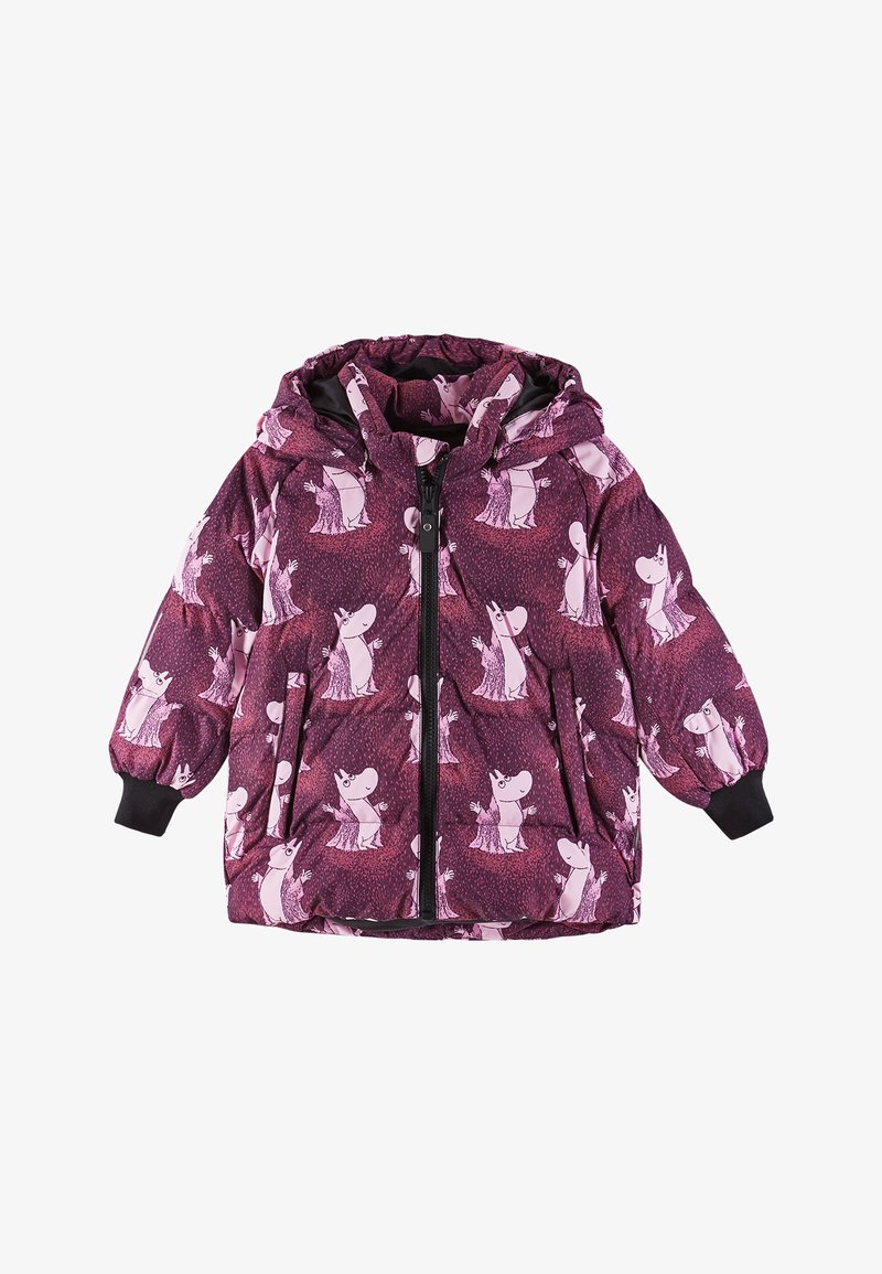 Giacca a vento viola con cappuccio, caratterizzata da un motivo di personaggi dei cartoni animati rosa. Zip nera e polsini, design trapuntato per l'isolamento.