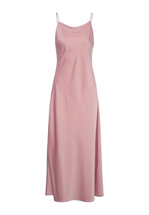 Vestido de satén rosa pastel sin mangas, con finos tirantes tipo espagueti y una abertura lateral, que fluye hasta el tobillo.