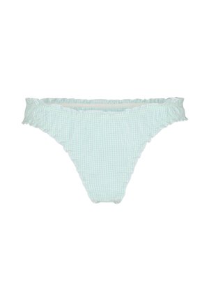 Lichtblauwe en witte gingham geruite bikinibroekje voor dames met gerimpelde randen op een witte achtergrond.