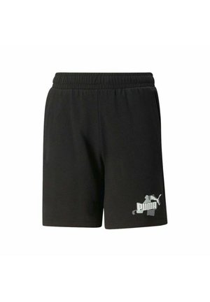 Zwarte shorts met elastische taille, zijzakken en een wit Puma-logo op het onderste deel van het linkerbeen.