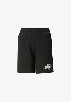 Sorte elastiske shorts med sidelommer og hvid Puma-logo på venstre underben.