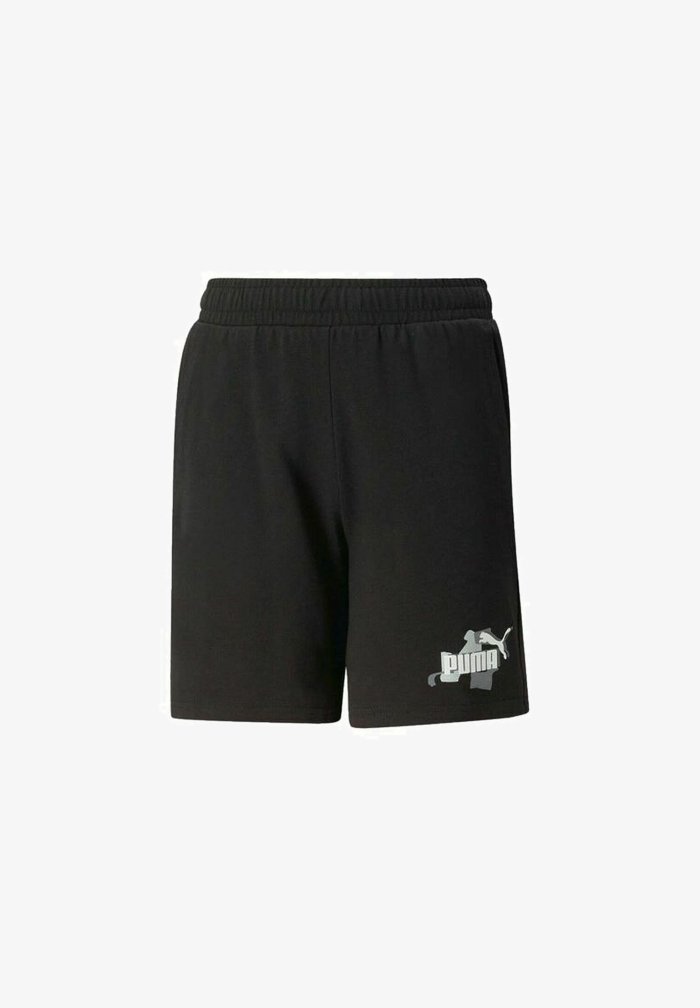 Shorts noirs à taille élastique avec poches latérales et logo Puma blanc sur le bas de la jambe gauche.
