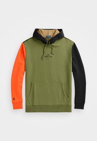 Bluza z kapturem w kolorze oliwkowym, z pomarańczowymi i czarnymi rękawami, kieszenią z przodu, kapturem ze sznurkiem i haftowanym logo.