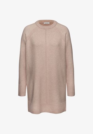 Maglione over-size di un delicato rosa chiaro, realizzato in un materiale morbido e tessurizzato. Presenta un collo rotondo, polsini e orlo a coste con cuciture minime.